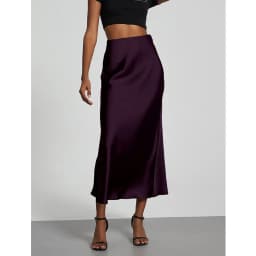 Minimalist Satin Midi Skirt High Waist Bias Cut Flowy Hem Top for Office & Casual Streetwear