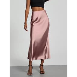 Minimalist Satin Midi Skirt High Waist Bias Cut Flowy Hem Top for Office & Casual Streetwear