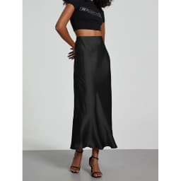 Minimalist Satin Midi Skirt High Waist Bias Cut Flowy Hem Top for Office & Casual Streetwear