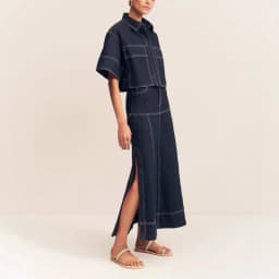 2025 foreign trade women's clothing casual pocket short-sleeved shirt split skirt denim two-piece set 5-031101