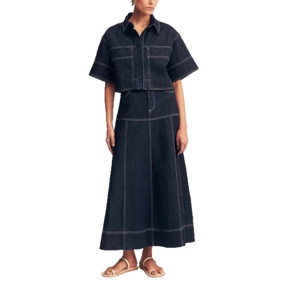 2025 foreign trade women's clothing casual pocket short-sleeved shirt split skirt denim two-piece set 5-031101