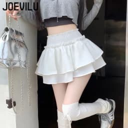 White Preppy Style Skirt Elastic High Waist Folds Design Women Fluffy Cake Skirt Built in Shorts Hottie Ballet Style Mini Skirts