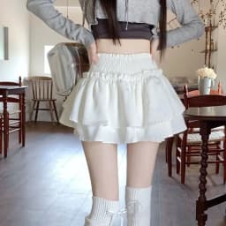 White Preppy Style Skirt Elastic High Waist Folds Design Women Fluffy Cake Skirt Built in Shorts Hottie Ballet Style Mini Skirts