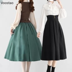 Elegant Classical Lolita Style Midi Skirt Women Vintage Victorian Button Slim Party Long Skirts Office Lady Sweet A-Line Skirt