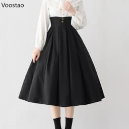 Elegant Classical Lolita Style Midi Skirt Women Vintage Victorian Button Slim Party Long Skirts Office Lady Sweet A-Line Skirt
