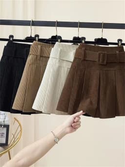 High Waist Corduroy Pleated Skirt Korean Style Short A-Line Woolen Skirt Women's Belted Half Body Skirt Casual Wear