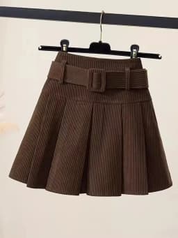 High Waist Corduroy Pleated Skirt Korean Style Short A-Line Woolen Skirt Women's Belted Half Body Skirt Casual Wear
