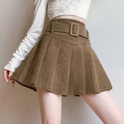 High Waist Corduroy Pleated Skirt Korean Style Short A-Line Woolen Skirt Women's Belted Half Body Skirt Casual Wear