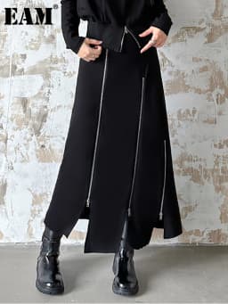 [EAM] High Elastic Waist Black Zipper Splited A-line Half-body Skirt Loose Women Fashion Tide New Spring Autumn 2026 1DH4445