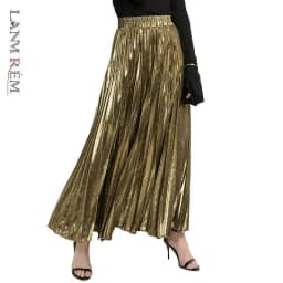 LANMREM 2025 new Spring fashion women clothes high waist A-line pleated sliver vintage elastic long halfbody skirt WH28501XL
