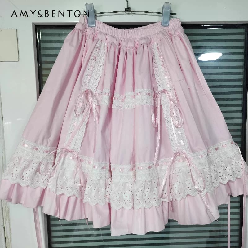 Japanese Design Pink Cute Sweet Lolita Pure Cotton Women's Bottoming Skirt Autumn Winter New Lace Trim Bow Half Skirts Ladies