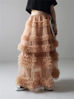 Women's Tulle A-Line Long Skirt High Waist Sheer Mesh Tiered Ruffled Skirt for Summer Spring