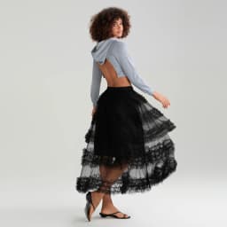 Women's Tulle A-Line Long Skirt High Waist Sheer Mesh Tiered Ruffled Skirt for Summer Spring