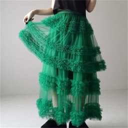 Women's Tulle A-Line Long Skirt High Waist Sheer Mesh Tiered Ruffled Skirt for Summer Spring