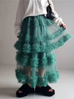 Women's Tulle A-Line Long Skirt High Waist Sheer Mesh Tiered Ruffled Skirt for Summer Spring