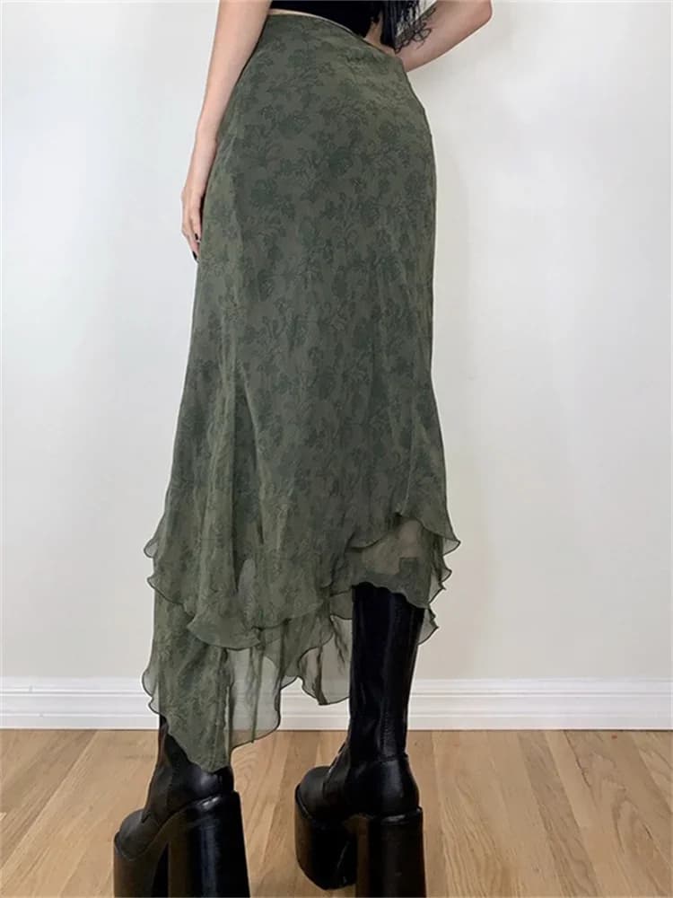 Women Floral Midi Skirts High Waist Mesh Wrapped Irregular Skirt Y2K Aesthetic Grunge Casual Sexy Streetwear