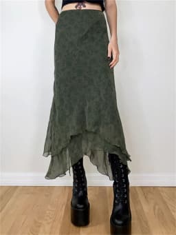 Women Floral Midi Skirts High Waist Mesh Wrapped Irregular Skirt Y2K Aesthetic Grunge Casual Sexy Streetwear