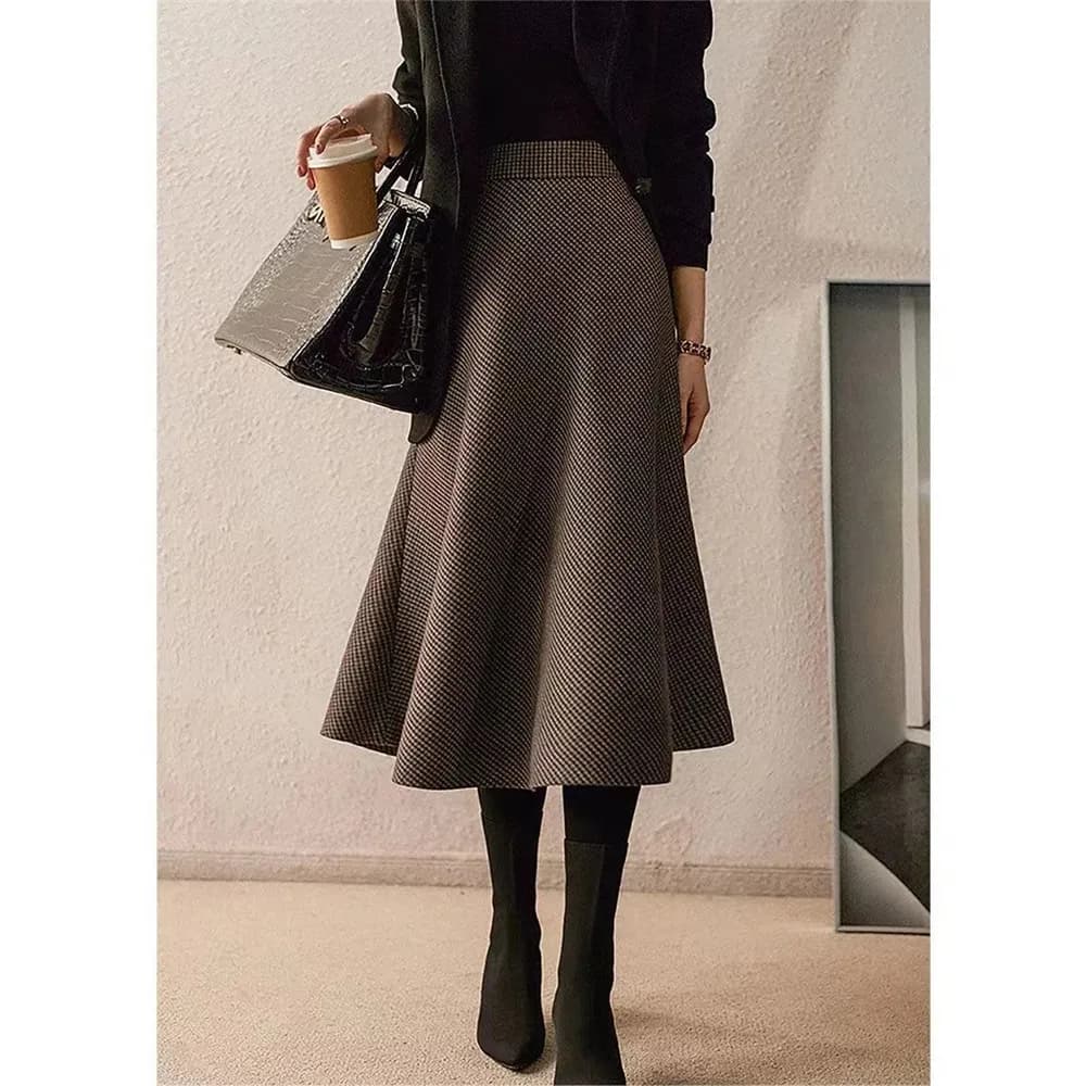 Autumn Winter Wool Plaid Warm Vintage Midi Long Skirt Women Korean Thicken High Waist Skirt Female A-Line Office Lady Elegant