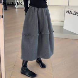 BGTEEVER Chic Stylish Warm Loose A-line Skirts for Women Autumn Winter Elegant High Waist Pockets Ladies Mid-Length Skirts