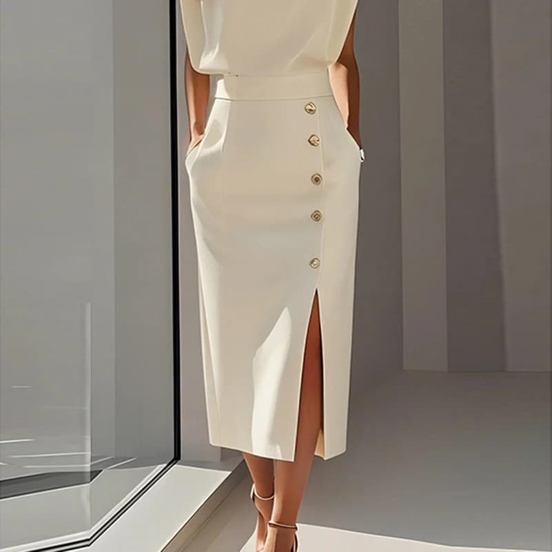 Krisstarsgirls Elegant Midi Skirt for Women 2025 Summer Split-joint Office Work Party Birthday High Waisted Button Skirt Female