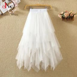 Women Sweet Midi Spring And Summer High Waist Solid Asymmetrical Elegant Chic White Mesh Tulle Skirts Faldas