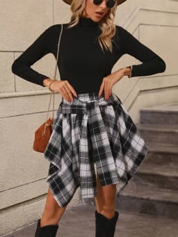 Women's skirt European and American new women's nightclub fashionable and elegant irregular plaid tied sleeves fake shirt skirt