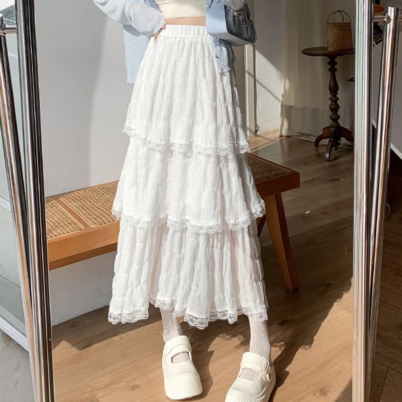 Sweet Lace Women Cake Puff Chiffon Skirts Summer Stylish Tierred Pleated Hem Solid Long Skirt Korean A-Line High Waist Skirts