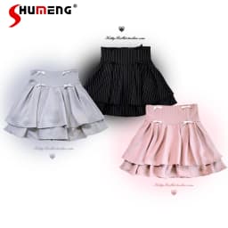 Japanese Mines Style Sweet Cute Double-layer Mini Skirt Bow High Waist A-line Striped Versatile Lolita Short Skirt Women Summer