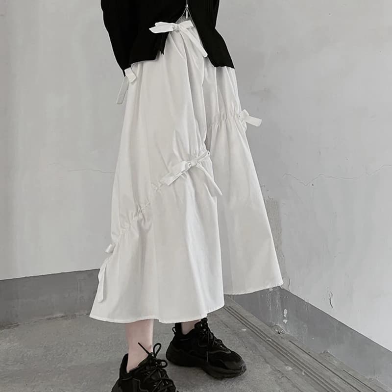 White High Waist A-Line Skirt Knot Pure Color Midi Skirt Korean Style Commute Summer New Arrival Slimming Versatile