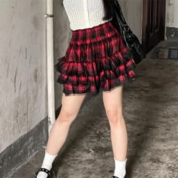 Women High Street Vintage Lace Cake Skirts Subculture Gothic Y2k High-waist Red Plaid Print Skirt Female Punk Hot Girl Outfits