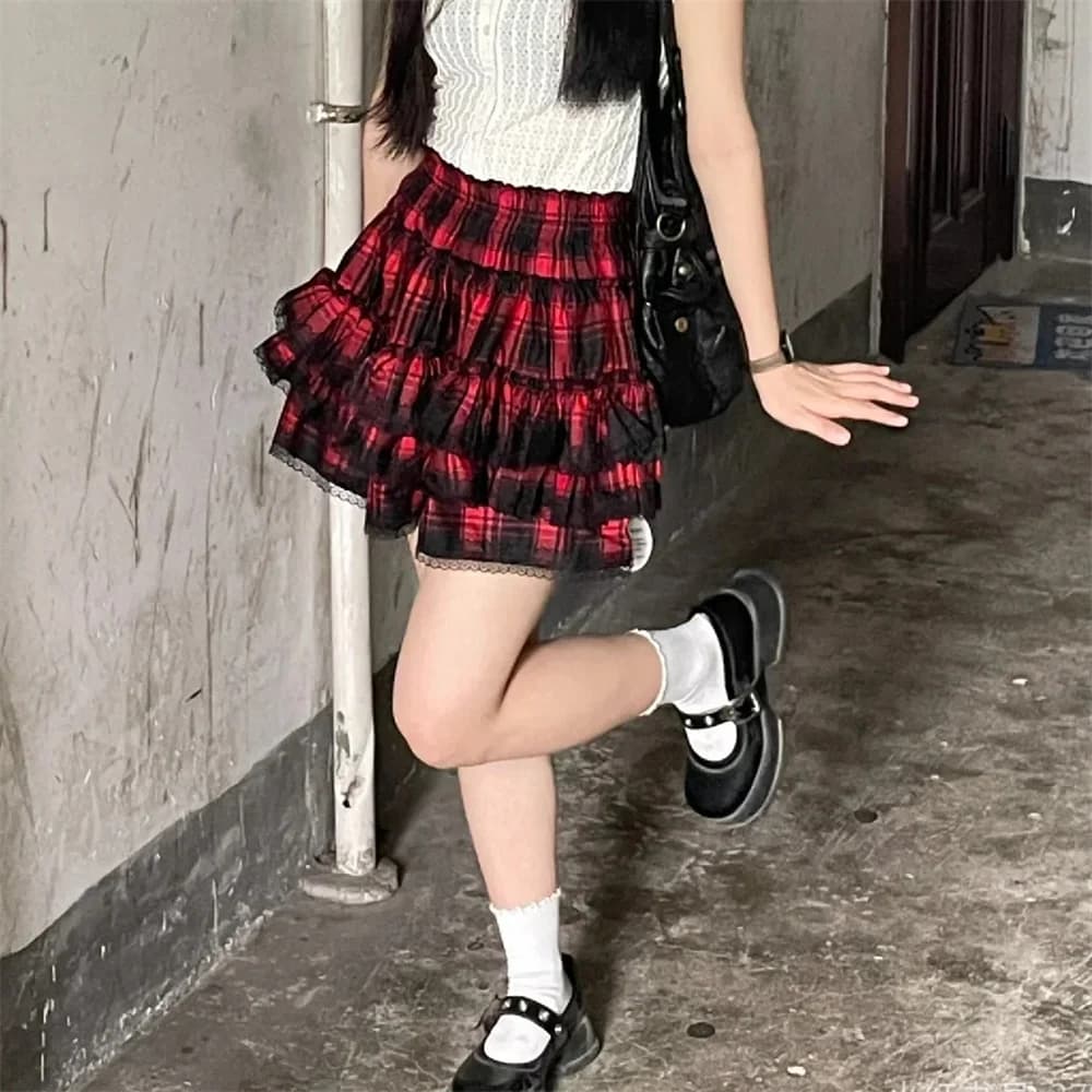 Women High Street Vintage Lace Cake Skirts Subculture Gothic Y2k High-waist Red Plaid Print Skirt Female Punk Hot Girl Outfits