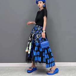 New Korean Style Woman Blue Printed Asymmetrical Skirt Mesh Joined Loose Fit Chic Elastic Waist Girls Casual Wear Skirt JJSK121