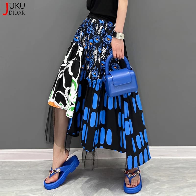 New Korean Style Woman Blue Printed Asymmetrical Skirt Mesh Joined Loose Fit Chic Elastic Waist Girls Casual Wear Skirt JJSK121