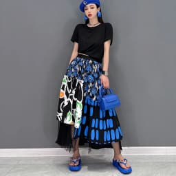 New Korean Style Woman Blue Printed Asymmetrical Skirt Mesh Joined Loose Fit Chic Elastic Waist Girls Casual Wear Skirt JJSK121