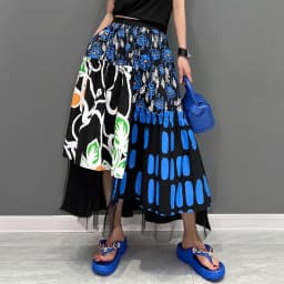 New Korean Style Woman Blue Printed Asymmetrical Skirt Mesh Joined Loose Fit Chic Elastic Waist Girls Casual Wear Skirt JJSK121