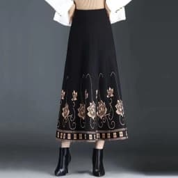 Women's Autumn Winter Ethnic Style A-line Skirt High Waist Elastic Waist Mid Length Knitted Wool Large Swing Skirt Sweater Skirt