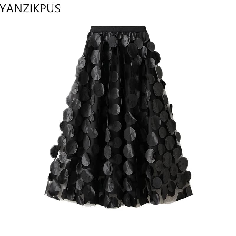 3d Polka Dot Black Mesh Half Skirt 2025 Fashion Women's Dress Mid Length Umbrella Dress Korean A-line Dress Party Dress