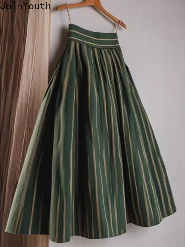 High Waist Skirt for Women's 2025 Faldas Mujer De Moda Vintage Korean Jupe Loose A-line Saia Fashion Striped Slim Fit Skirts