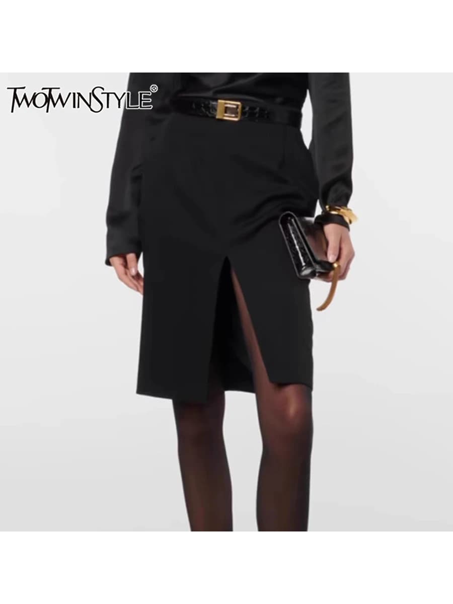 TWOTWINSTYLE Solid Minimalist Slimming Skirts For Women High Waist Bodycon Split Patchwork Belt Skirt Female Fashion Clothing