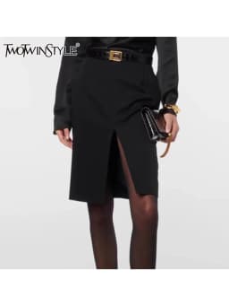 TWOTWINSTYLE Solid Minimalist Slimming Skirts For Women High Waist Bodycon Split Patchwork Belt Skirt Female Fashion Clothing
