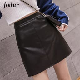 Jielur Leather Skirt Autumn Winter New Korean High Waist Mini Skirt Female 4 Colors Chic Black Sexy Saia A-line PU Skirts Women