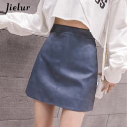 Jielur Leather Skirt Autumn Winter New Korean High Waist Mini Skirt Female 4 Colors Chic Black Sexy Saia A-line PU Skirts Women