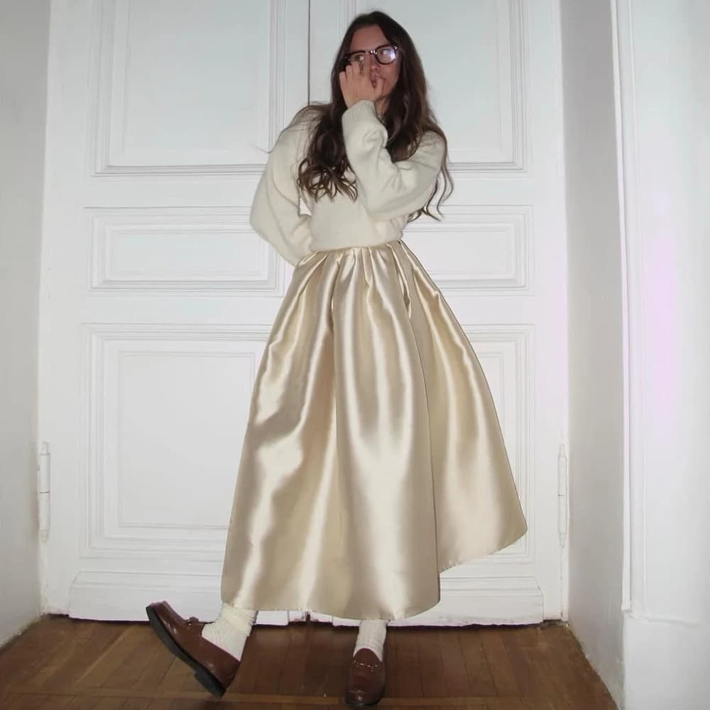 Pretty Champagne Midi Skirt Custom Made Pleated Silk Satin Women High Street Long Skirt 2025 New Female Evening Party Skirts