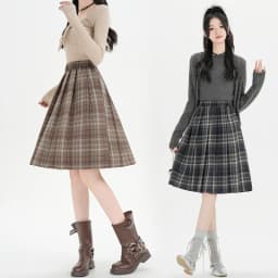 Y2K Pleated Skirt Women Plaid Woolen Skirt Japanese Korean Retro A Line Umbrella Skirt Autumn Winter Casual