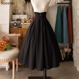 Vintage Victorian Lolita Midi Skirt Women Elegant Sweet Y2k Button Slim A-Line Long Skirts Japanese Female Classical Party Skirt