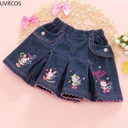 Kawaii Japanese Lolita Style Denim Pleated Skirt Women Sweet Cartoon Bunny Embroidered Love Short Skirts Korean Cute Mini Skirts