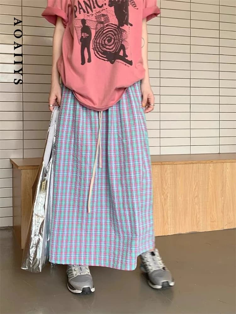 Aoaiiys Casual Skirts Women Plaid Vintage Long Skirt 2026 Fashion Korean High Waist Loose Skirt Summer New Female A-Line Skirts