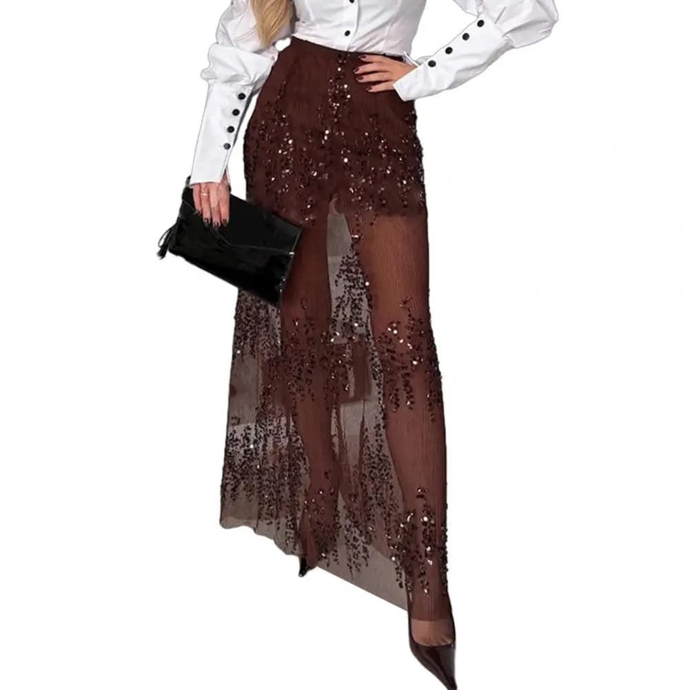 2026 Sequin Mesh Patchwork Skirt Fashion Women A-line All-match Ankle-length Skirts Party Office Lady 2025 Autumn Maxi Skirts