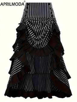 Gothic High Low Irregular Black Midi Long Skirt Bow Back White Striped Ruffles Adjustbale Steampunk Vintage Victorian Skirts Emo