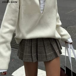 Women Side Zipper Waist Plaid Tweed Mini Pleated Skirt The Spice Girls Ruched Hem A-line Short Skirts with Shorts Lining